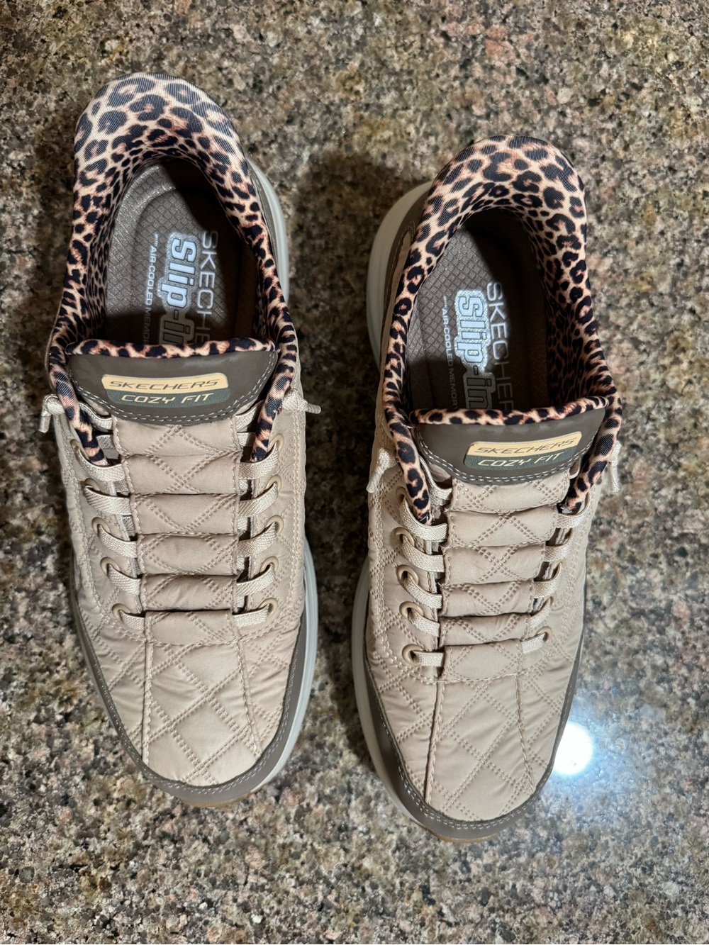 Skechers Slip-ins Cozy Fit Quilted Beige Sneakers with Leopard Trim Size 8 - Picture 7 of 9